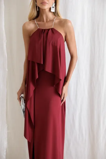 VESTIDO RENATA ALÇAS STRASS BABADOS - VINHO