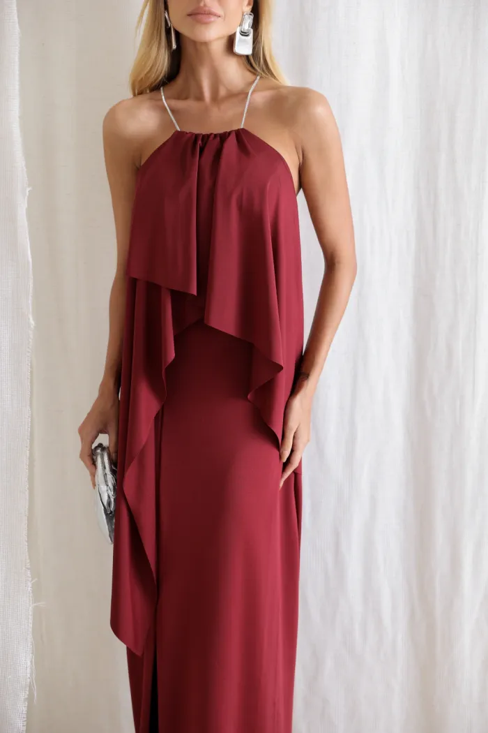 VESTIDO RENATA ALÇAS STRASS BABADOS - VINHO