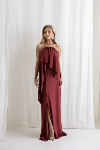 VESTIDO RENATA ALÇAS STRASS BABADOS - VINHO