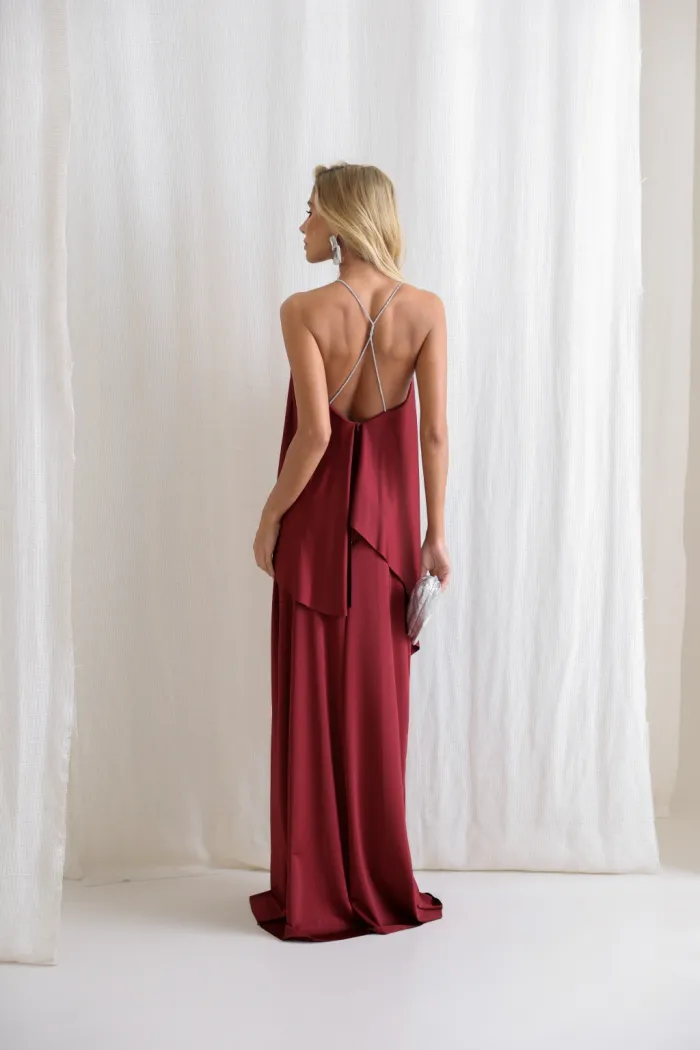 VESTIDO RENATA ALÇAS STRASS BABADOS - VINHO
