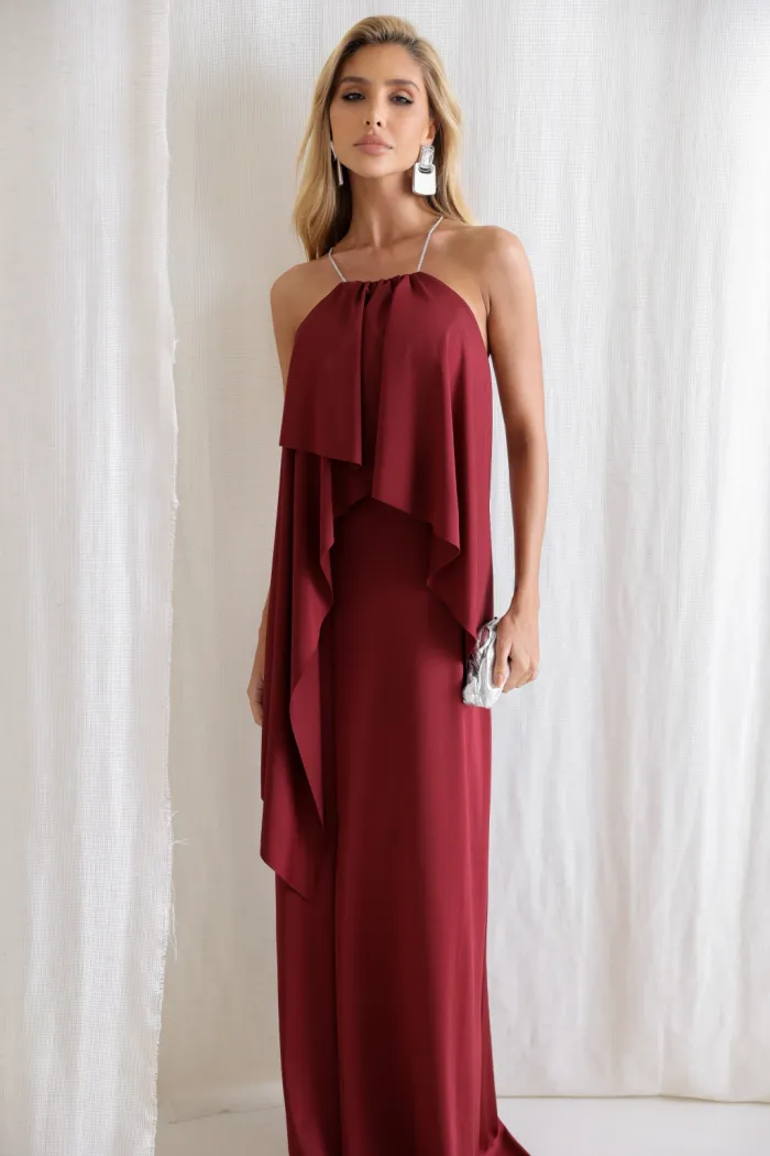 VESTIDO RENATA ALÇAS STRASS BABADOS - VINHO