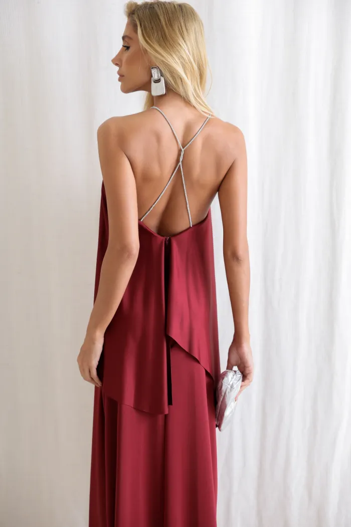 VESTIDO RENATA ALÇAS STRASS BABADOS - VINHO