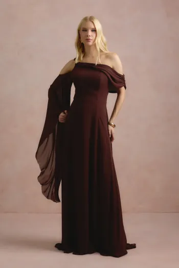 VESTIDO DE FESTA ABU DAHBI OMBRO FIVELA - MARROM