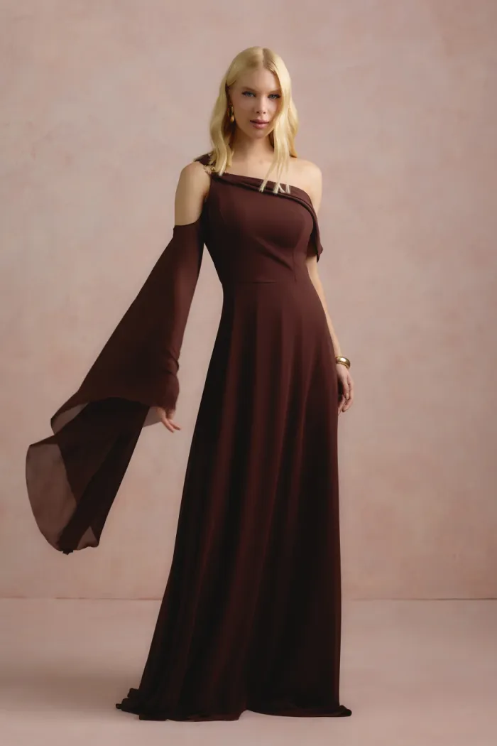 VESTIDO DE FESTA ABU DAHBI OMBRO FIVELA - MARROM