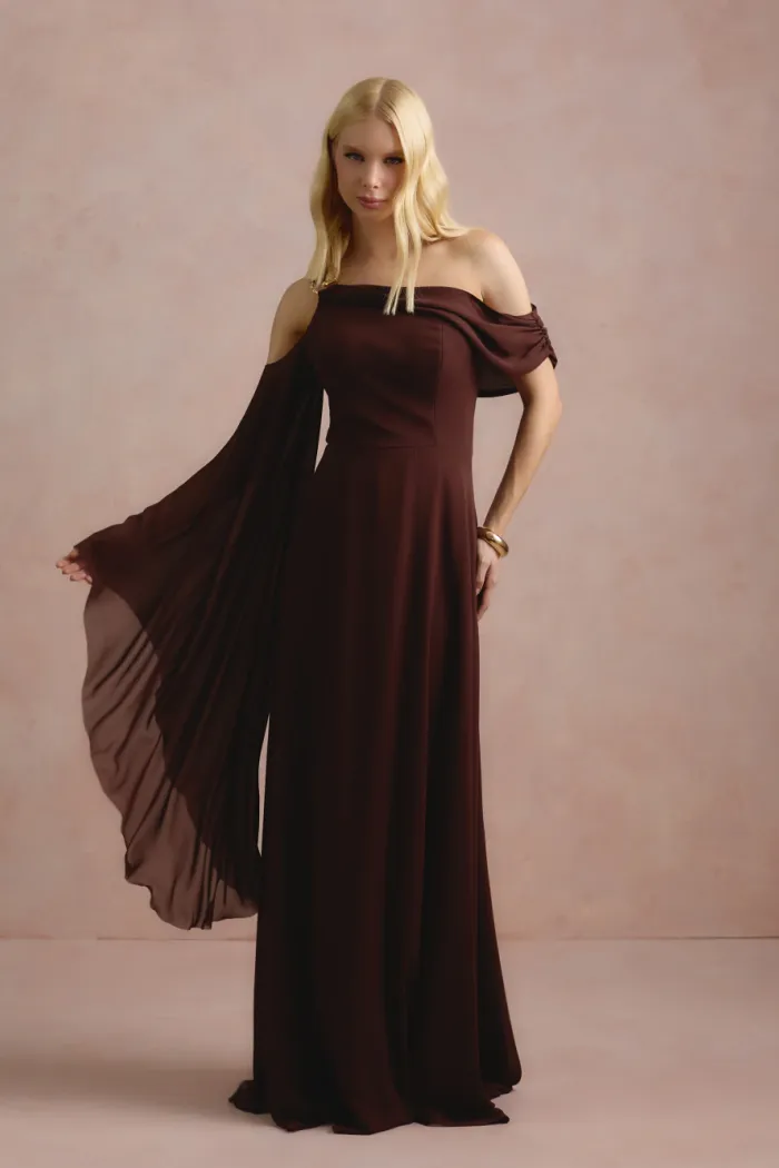 VESTIDO DE FESTA ABU DAHBI OMBRO FIVELA - MARROM
