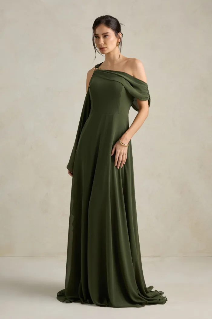 VESTIDO DE FESTA ABU DAHBI OMBRO FIVELA - VERDE OLIVA