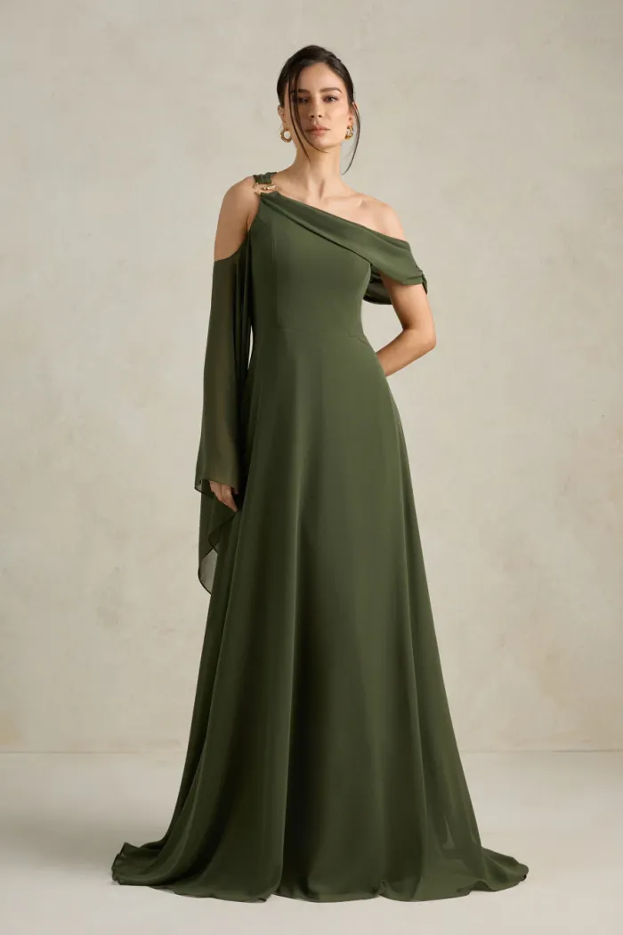 VESTIDO DE FESTA ABU DAHBI OMBRO FIVELA - VERDE OLIVA