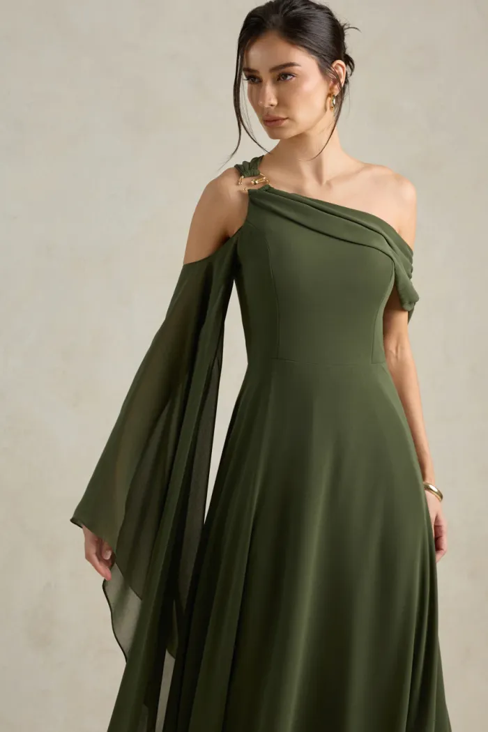 VESTIDO DE FESTA ABU DAHBI OMBRO FIVELA - VERDE OLIVA