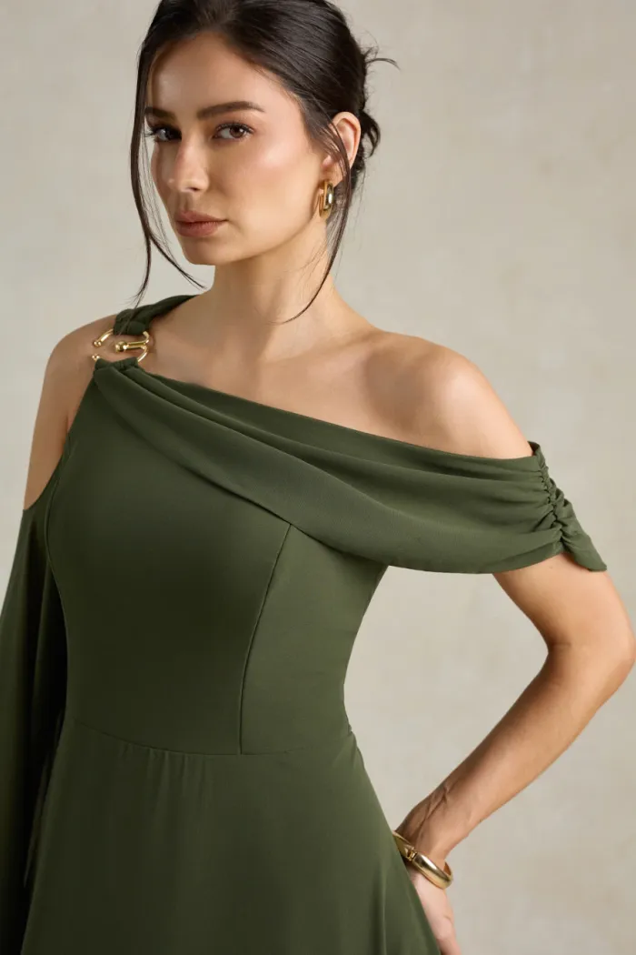 VESTIDO DE FESTA ABU DAHBI OMBRO FIVELA - VERDE OLIVA