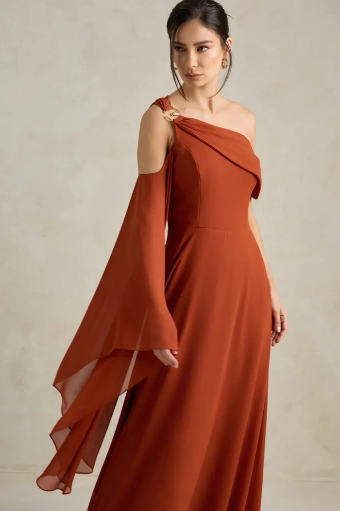 VESTIDO DE FESTA ABU DAHBI OMBRO FIVELA - TERRACOTA