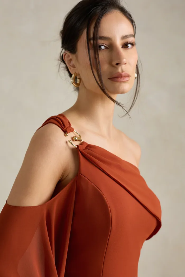 VESTIDO DE FESTA ABU DAHBI OMBRO FIVELA - TERRACOTA
