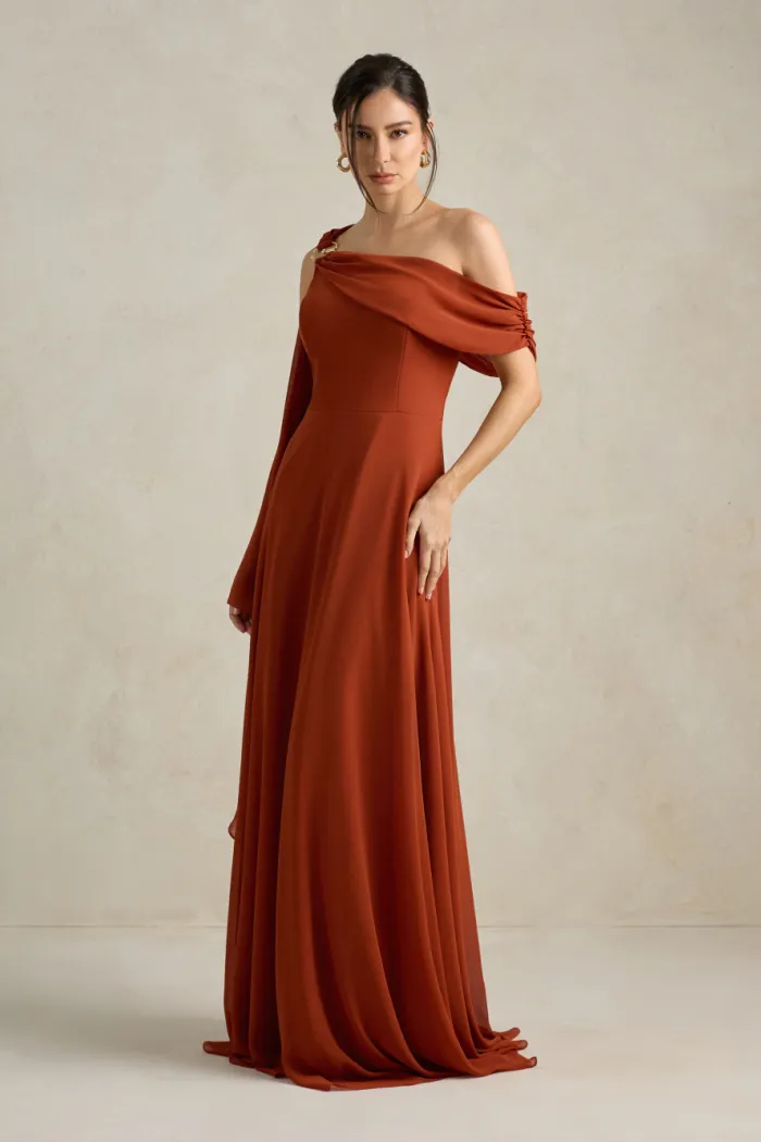 VESTIDO DE FESTA ABU DAHBI OMBRO FIVELA - TERRACOTA