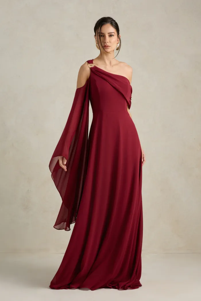 VESTIDO DE FESTA ABU DAHBI OMBRO FIVELA - VINHO