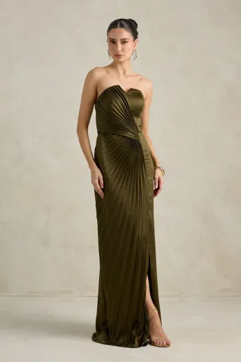 VESTIDO DE FESTA BARCELONA T.Q.C PLISSADO - VERDE OLIVA