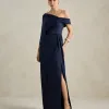 VESTIDO DE FESTA BEATRICE JERSEY UM OMBRO CAPA - AZUL MARINHO