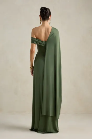 VESTIDO DE FESTA BEATRICE JERSEY UM OMBRO CAPA - VERDE OLIVA