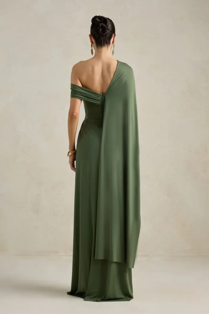 VESTIDO DE FESTA BEATRICE JERSEY UM OMBRO CAPA - VERDE OLIVA