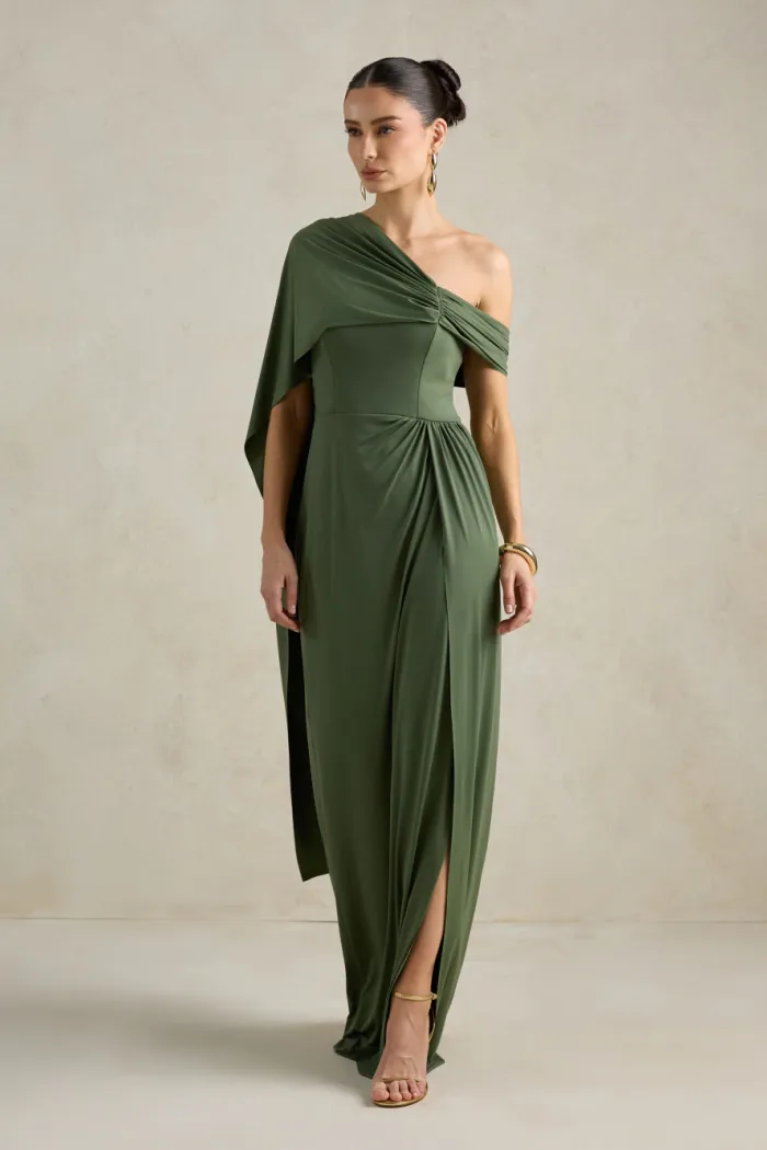 VESTIDO DE FESTA BEATRICE JERSEY UM OMBRO CAPA - VERDE OLIVA