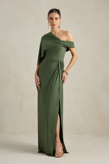 VESTIDO DE FESTA BEATRICE JERSEY UM OMBRO CAPA - VERDE OLIVA