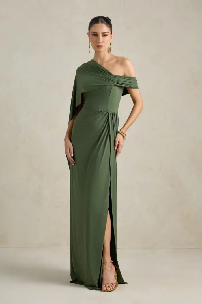 VESTIDO DE FESTA BEATRICE JERSEY UM OMBRO CAPA - VERDE OLIVA