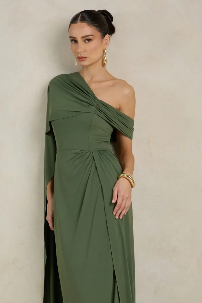 VESTIDO DE FESTA BEATRICE JERSEY UM OMBRO CAPA - VERDE OLIVA