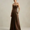VESTIDO DE FESTA BRENDA T.Q.C LONGO FENDA - MARROM