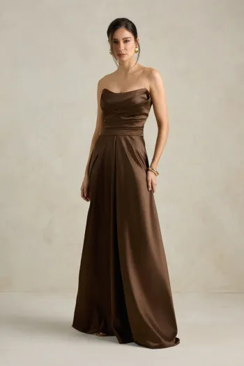 VESTIDO DE FESTA BRENDA T.Q.C LONGO FENDA - MARROM