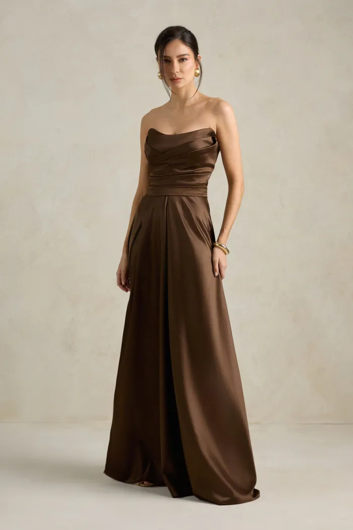 VESTIDO DE FESTA BRENDA T.Q.C LONGO FENDA - MARROM