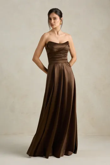 VESTIDO DE FESTA BRENDA T.Q.C LONGO FENDA - MARROM