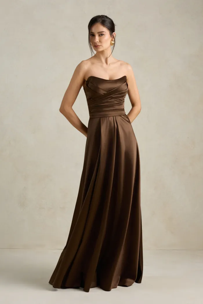 VESTIDO DE FESTA BRENDA T.Q.C LONGO FENDA - MARROM