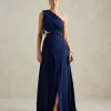 VESTIDO DE FESTA CAPRI UM OMBRO RECORTES - AZUL MARINHO