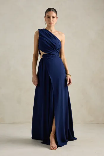VESTIDO DE FESTA CAPRI UM OMBRO RECORTES - AZUL MARINHO