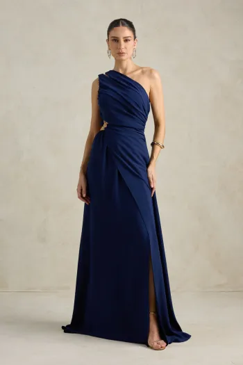 VESTIDO DE FESTA CAPRI UM OMBRO RECORTES - AZUL MARINHO