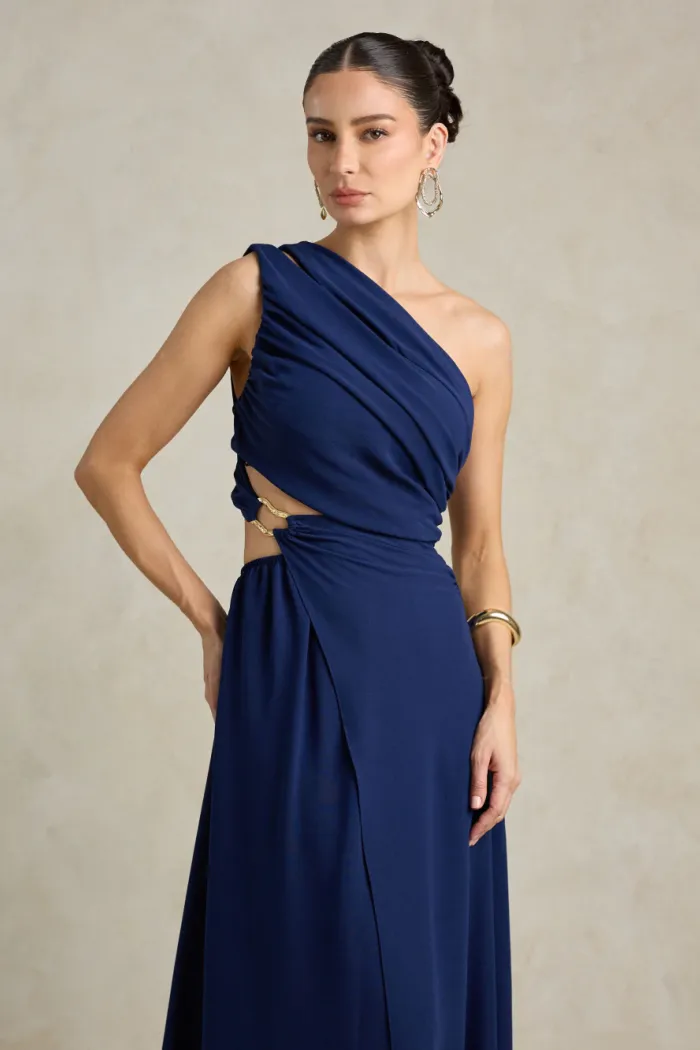 VESTIDO DE FESTA CAPRI UM OMBRO RECORTES - AZUL MARINHO