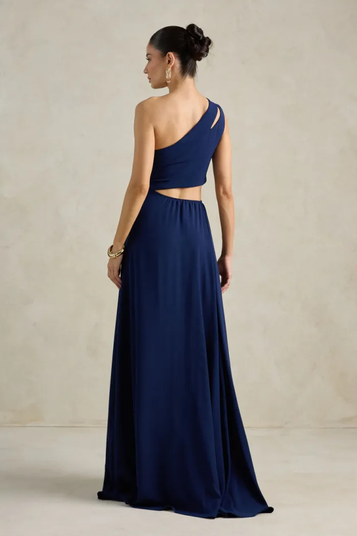 VESTIDO DE FESTA CAPRI UM OMBRO RECORTES - AZUL MARINHO