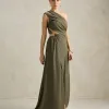 VESTIDO DE FESTA CAPRI UM OMBRO RECORTES - VERDE OLIVA