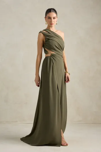 VESTIDO DE FESTA CAPRI UM OMBRO RECORTES - VERDE OLIVA
