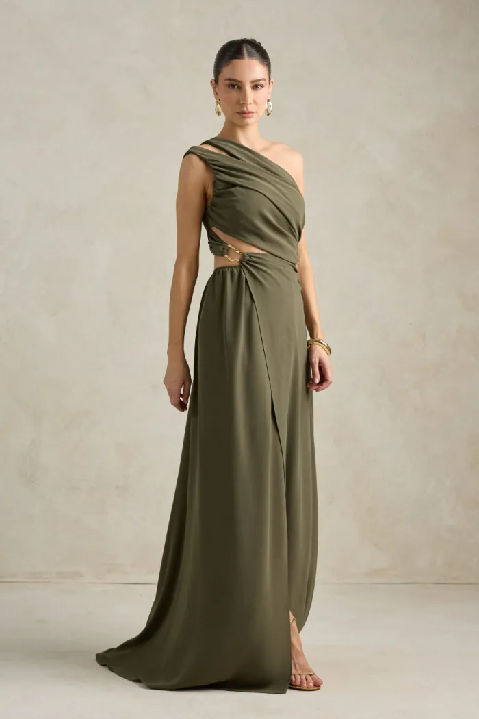 VESTIDO DE FESTA CAPRI UM OMBRO RECORTES - VERDE OLIVA
