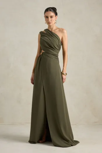 VESTIDO DE FESTA CAPRI UM OMBRO RECORTES - VERDE OLIVA