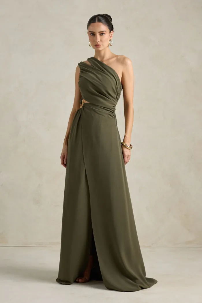 VESTIDO DE FESTA CAPRI UM OMBRO RECORTES - VERDE OLIVA