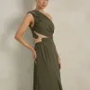 VESTIDO DE FESTA CAPRI UM OMBRO RECORTES - VERDE OLIVA