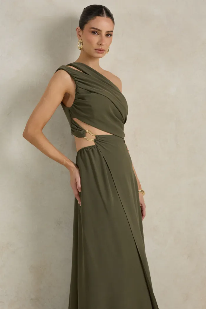 VESTIDO DE FESTA CAPRI UM OMBRO RECORTES - VERDE OLIVA