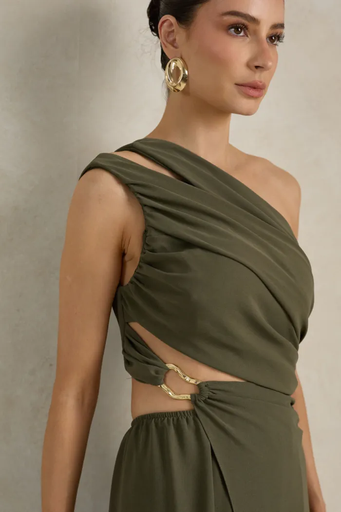 VESTIDO DE FESTA CAPRI UM OMBRO RECORTES - VERDE OLIVA