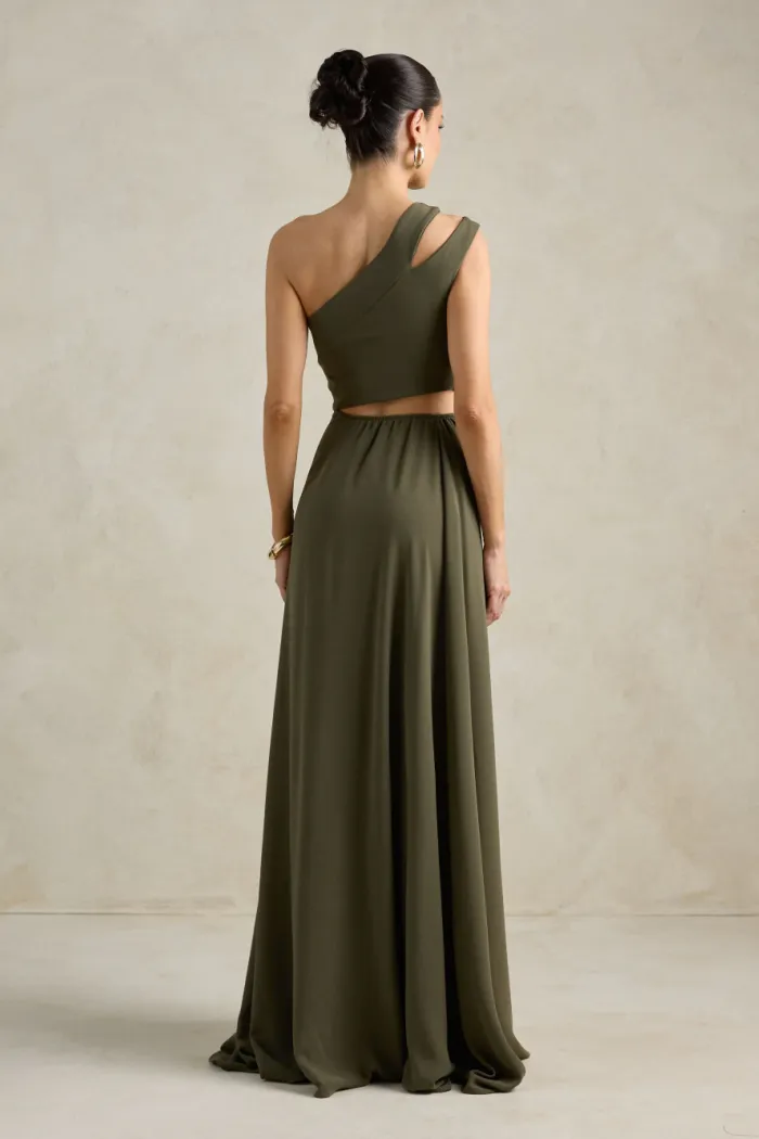 VESTIDO DE FESTA CAPRI UM OMBRO RECORTES - VERDE OLIVA