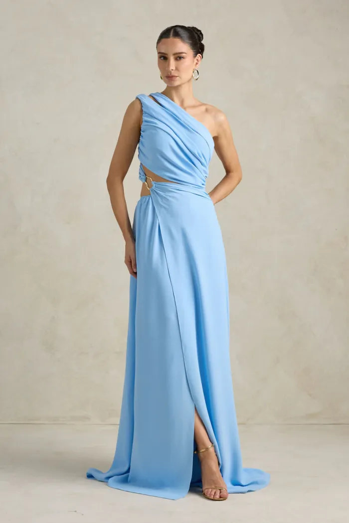 VESTIDO DE FESTA CAPRI UM OMBRO RECORTES - AZUL SERENITY
