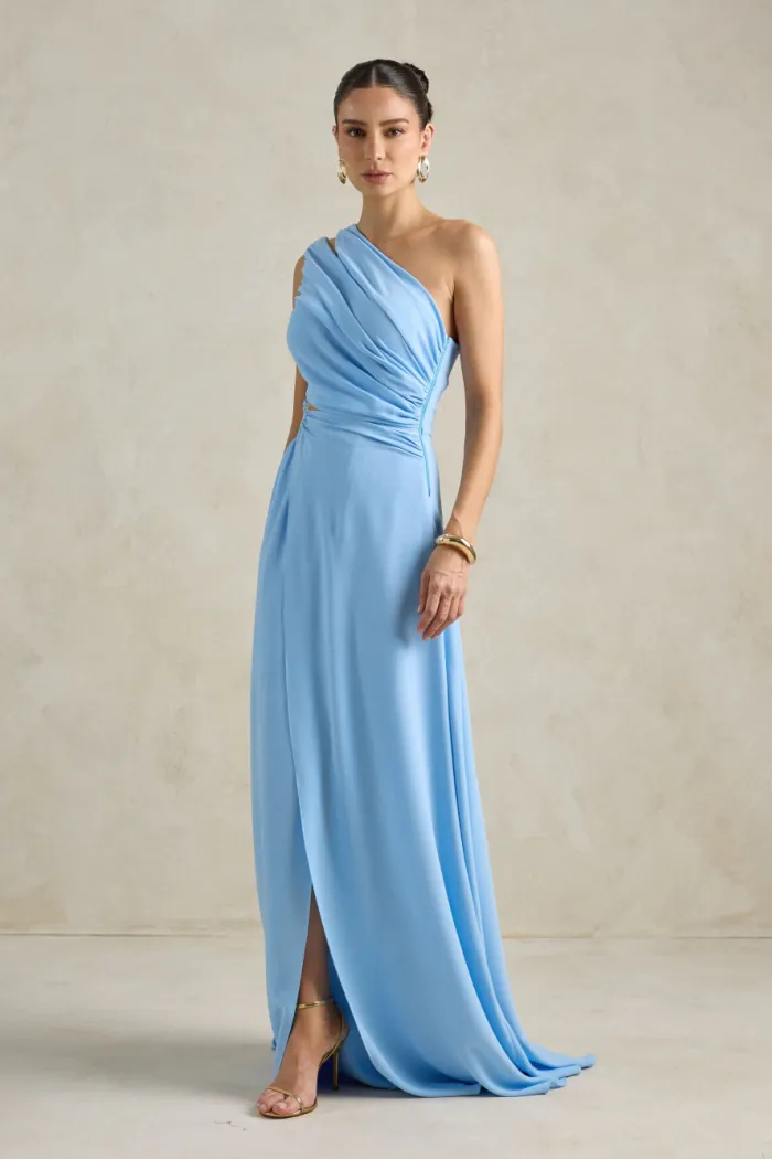 VESTIDO DE FESTA CAPRI UM OMBRO RECORTES - AZUL SERENITY
