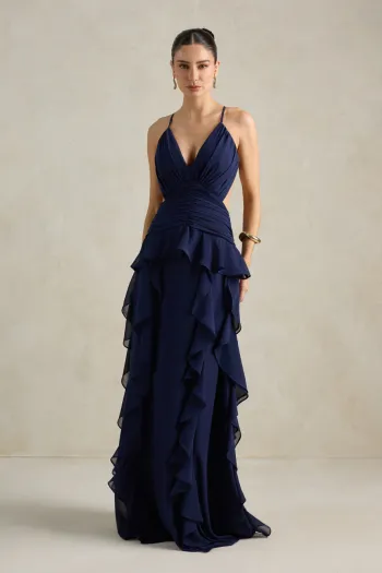 VESTIDO DÉBORA CUT OUT BABADOS - AZUL MARINHO