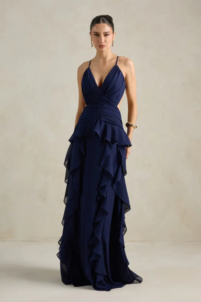 VESTIDO DÉBORA CUT OUT BABADOS - AZUL MARINHO