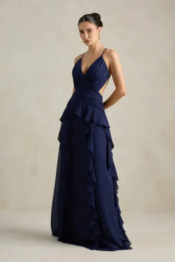 VESTIDO DÉBORA CUT OUT BABADOS - AZUL MARINHO