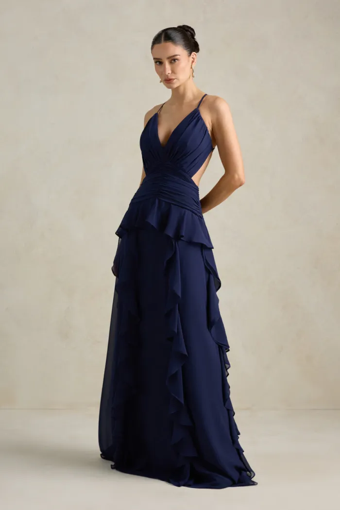VESTIDO DÉBORA CUT OUT BABADOS - AZUL MARINHO